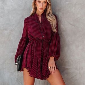 VICI Adjustable balloon sleeve dress red plaid pattern Size M